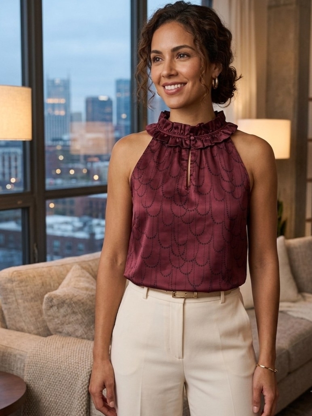 Banana Republic Women's XS Burgundy Silk Satin Geometric Halter Ruffle Blouse